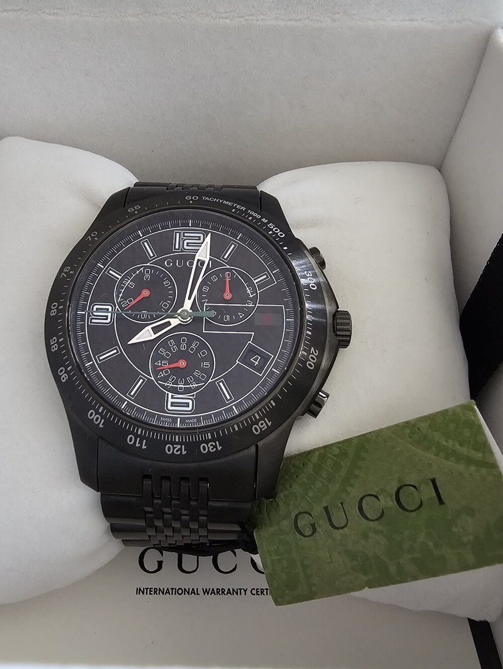 Gucci Black Stainless Steel Chronograph Watch with Red Accents